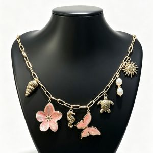 Stainless Steel Ocean Charm Necklace, Enamel Pink Flower Butterfly Pendant with Pearl Seahorse Turtle Sun Conch Charms