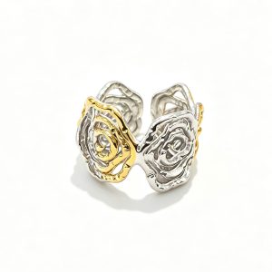 Stainless Steel Two-Tone Hollow Rose Open Ring, Adjustable Ring Size 7-8