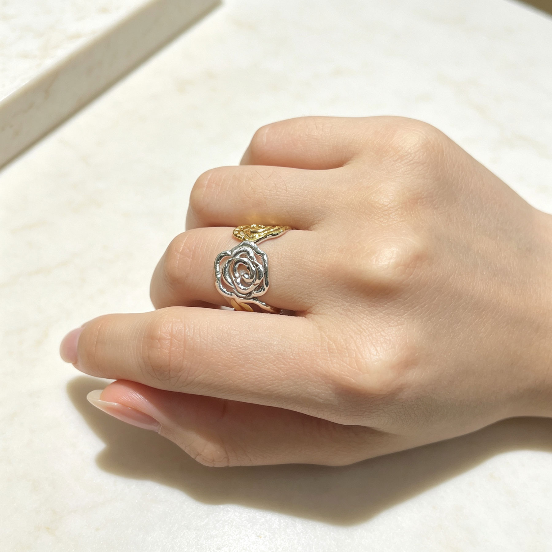 Stainless Steel Two-Tone Hollow Rose Open Ring, Adjustable Ring Size 7-8 - Image 2