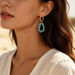 14K Gold Plated Imitation Turquoise Bead Huggie Earrings Boho Dangle Drop Earrings for Women