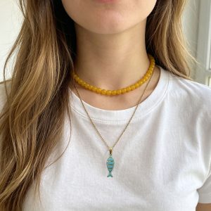 Yellow Beaded Choker Enamel Fish Pendant Necklace Set 14K Gold Plated Layered Necklace Summer Jewelry