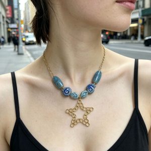 14K Gold Plated Blue Ceramic Beaded Necklace with Gold Star Pendant