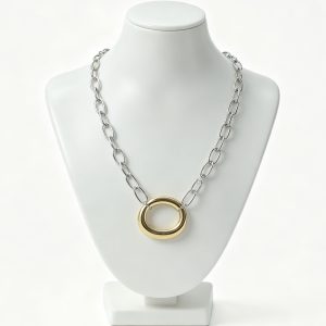 14K Gold Plated Two Tone Necklace Silver Paperclip Chain with Gold Circle Ring Pendant Minimalist Stainless Steel Necklace Modern Everyday Jewelry