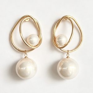 Imitation Pearl Drop Earrings Gold Interlocking Loop Statement Earrings 14K Gold Plated Bridal Jewelry for Women