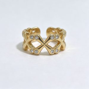 14K Gold Plated Crisscross Ring with CZ Stones Wide Band Ring