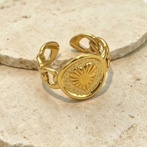 Sunburst Disc Ring 14K Gold Plated Open Adjustable Ring Vintage Gold Jewelry