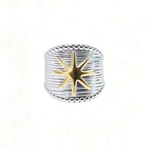 14K Gold Plated Star Ring Textured Silver Wide Band Ring Two Tone Vintage Ring