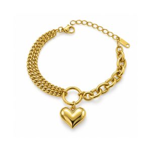 14K Gold Plated Stainless Steel Heart Charm Bracelet Double Chain Chunky Gold Bracelet for Women