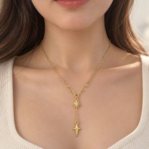 Gold Plated Stainless Steel North Star Y Necklace for Women, CZ Star Drop Pendant Necklace