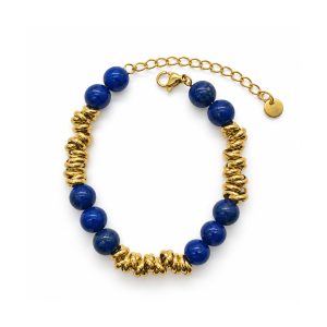 Gold Plated Stainless Steel Lapis Lazuli Beaded Bracelet, Blue Stone Coil Spacer Stackable Bracelet for Women