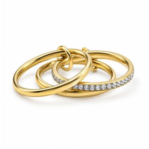 Gold Plated Stainless Steel Interlocking Triple Band Ring, CZ Paved Stackable Ring for Women, Size 7