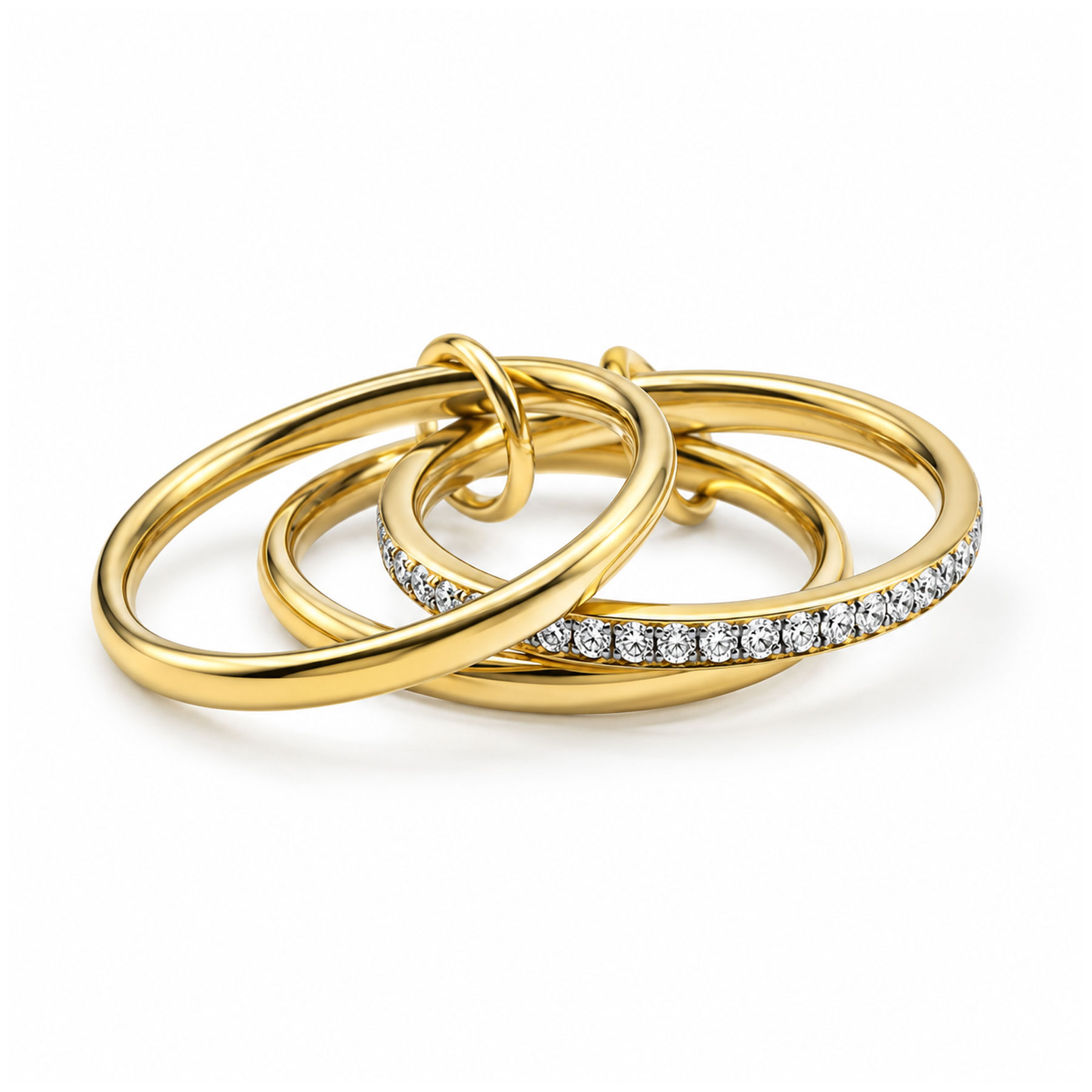 Gold Plated Stainless Steel Interlocking Triple Band Ring, CZ Paved Stackable Ring for Women, Size 7