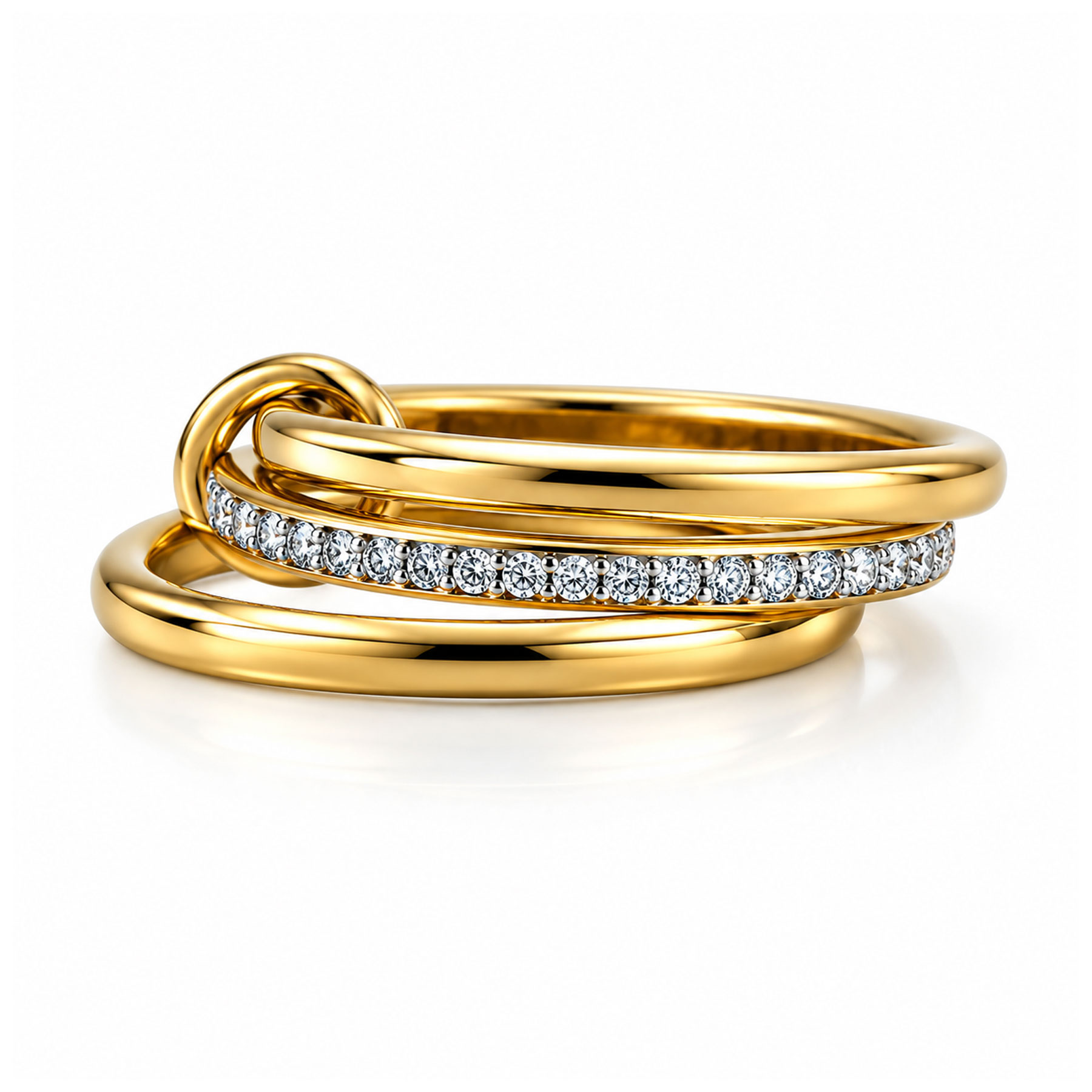 Gold Plated Stainless Steel Interlocking Triple Band Ring, CZ Paved Stackable Ring for Women, Size 7 - Image 2