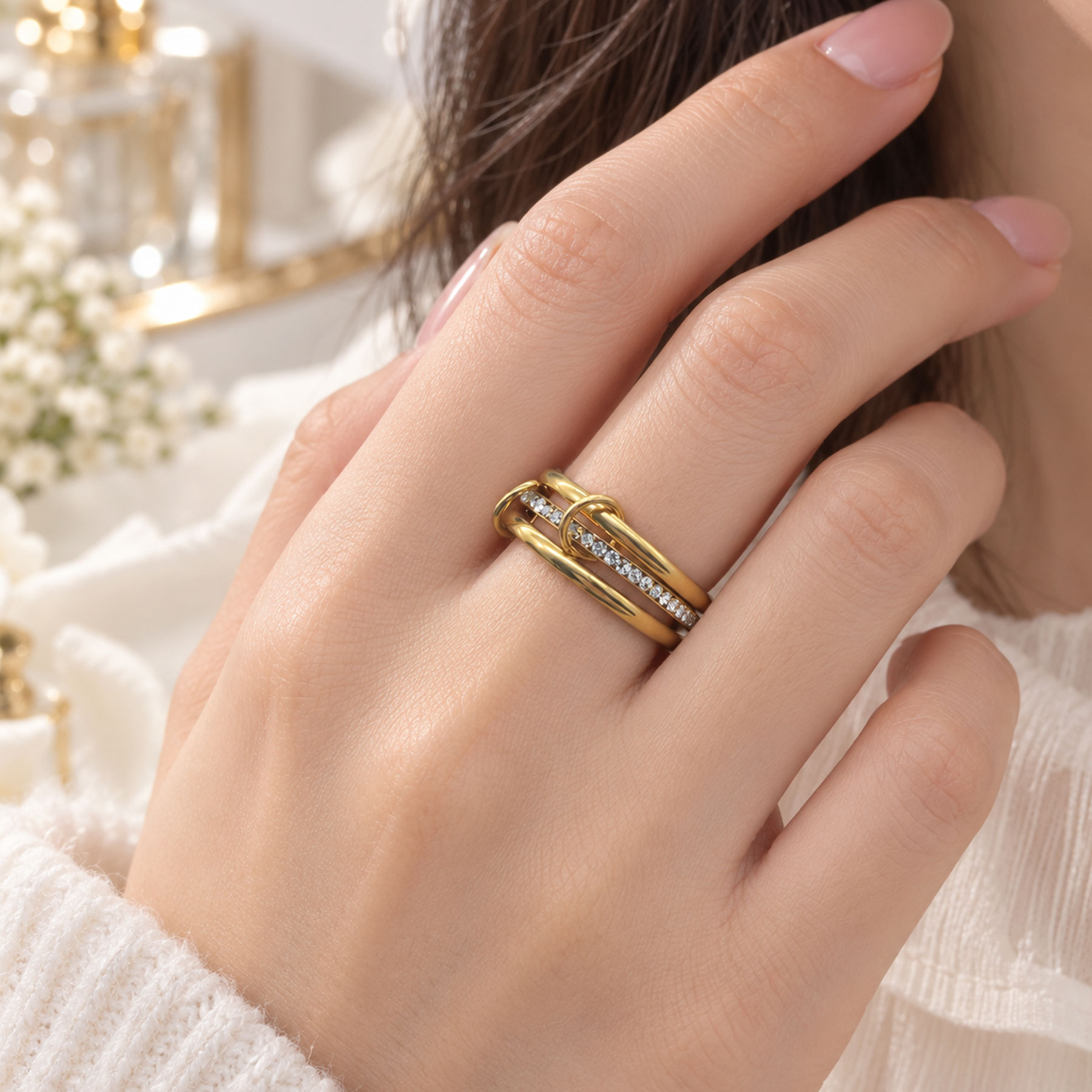 Gold Plated Stainless Steel Interlocking Triple Band Ring, CZ Paved Stackable Ring for Women, Size 7 - Image 3