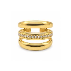 Gold Plated Stainless Steel Triple Layer Open Ring, CZ Paved Gold Ring for Women, Size 7