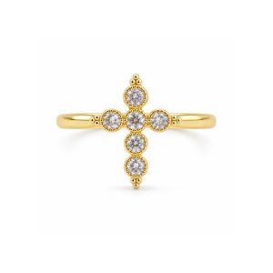 Gold Plated Stainless Steel Cross Ring, CZ Paved Adjustable Open Band, Stackable Ring for Women