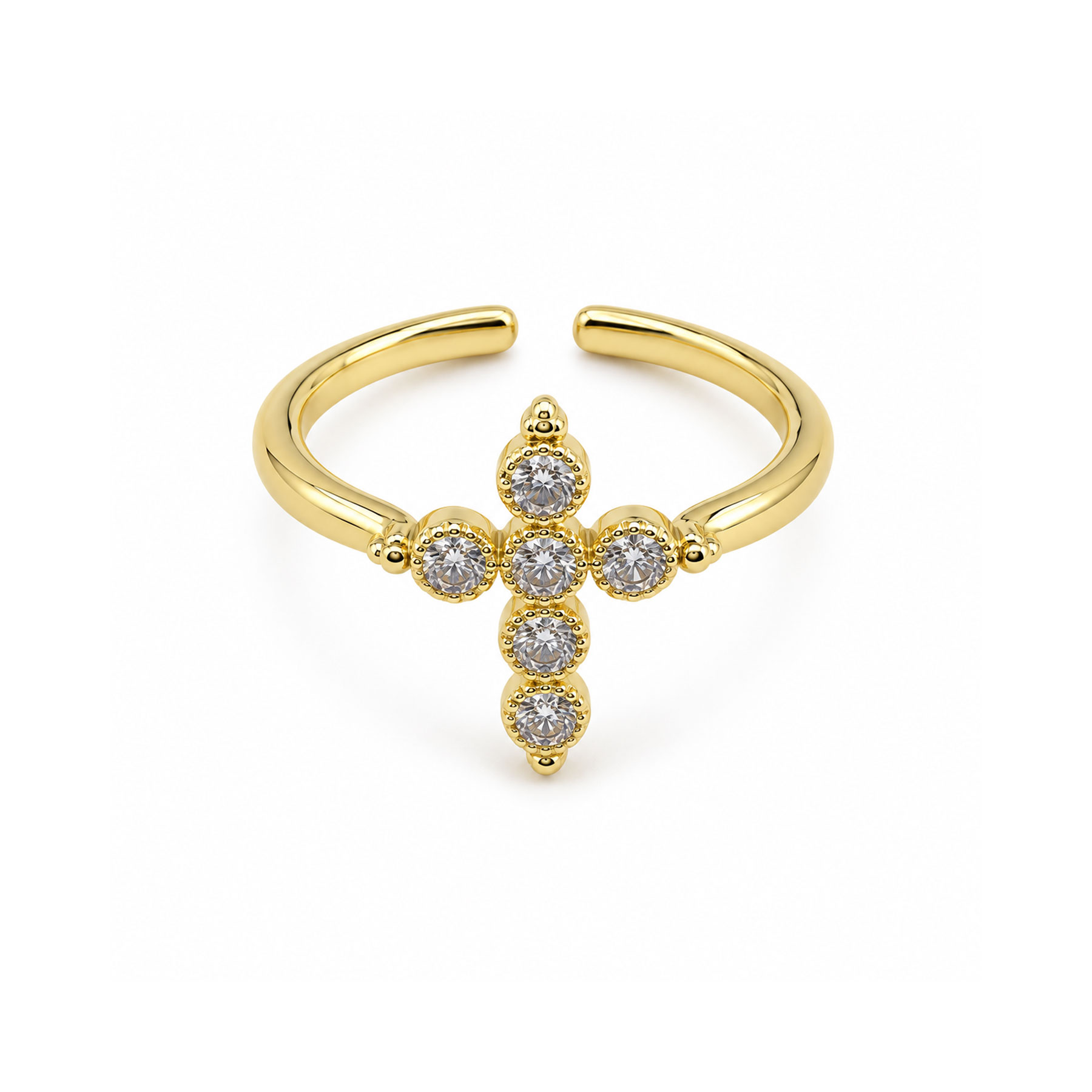 Gold Plated Stainless Steel Cross Ring, CZ Paved Adjustable Open Band, Stackable Ring for Women - Image 2