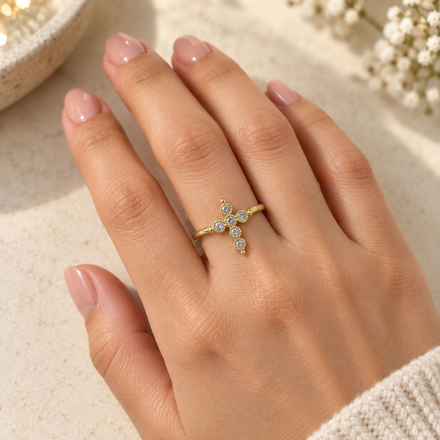 Gold Plated Stainless Steel Cross Ring, CZ Paved Adjustable Open Band, Stackable Ring for Women - Image 4