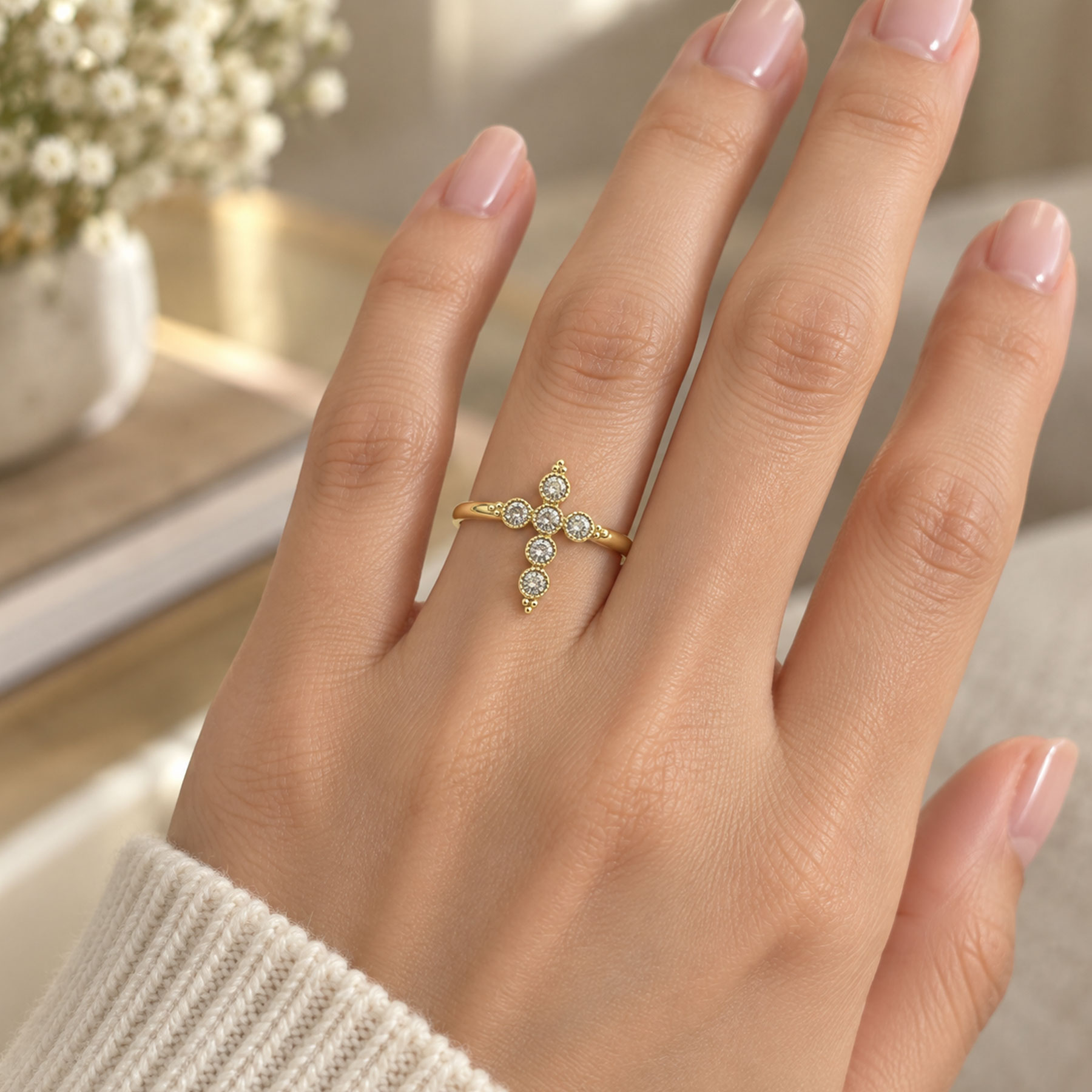 Gold Plated Stainless Steel Cross Ring, CZ Paved Adjustable Open Band, Stackable Ring for Women - Image 5